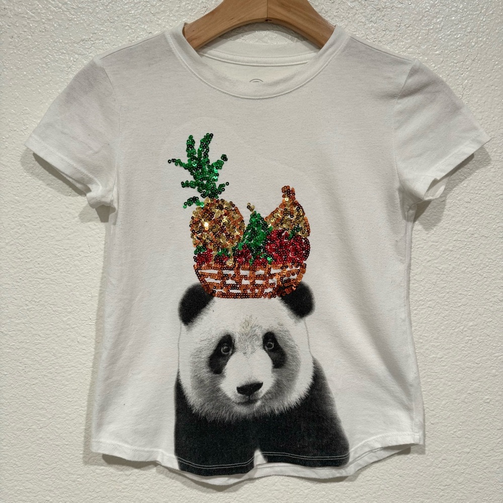 Kids Wonder Nation Girls White Sequin Panda Pineapple Graphic T-Shirt M 7/8